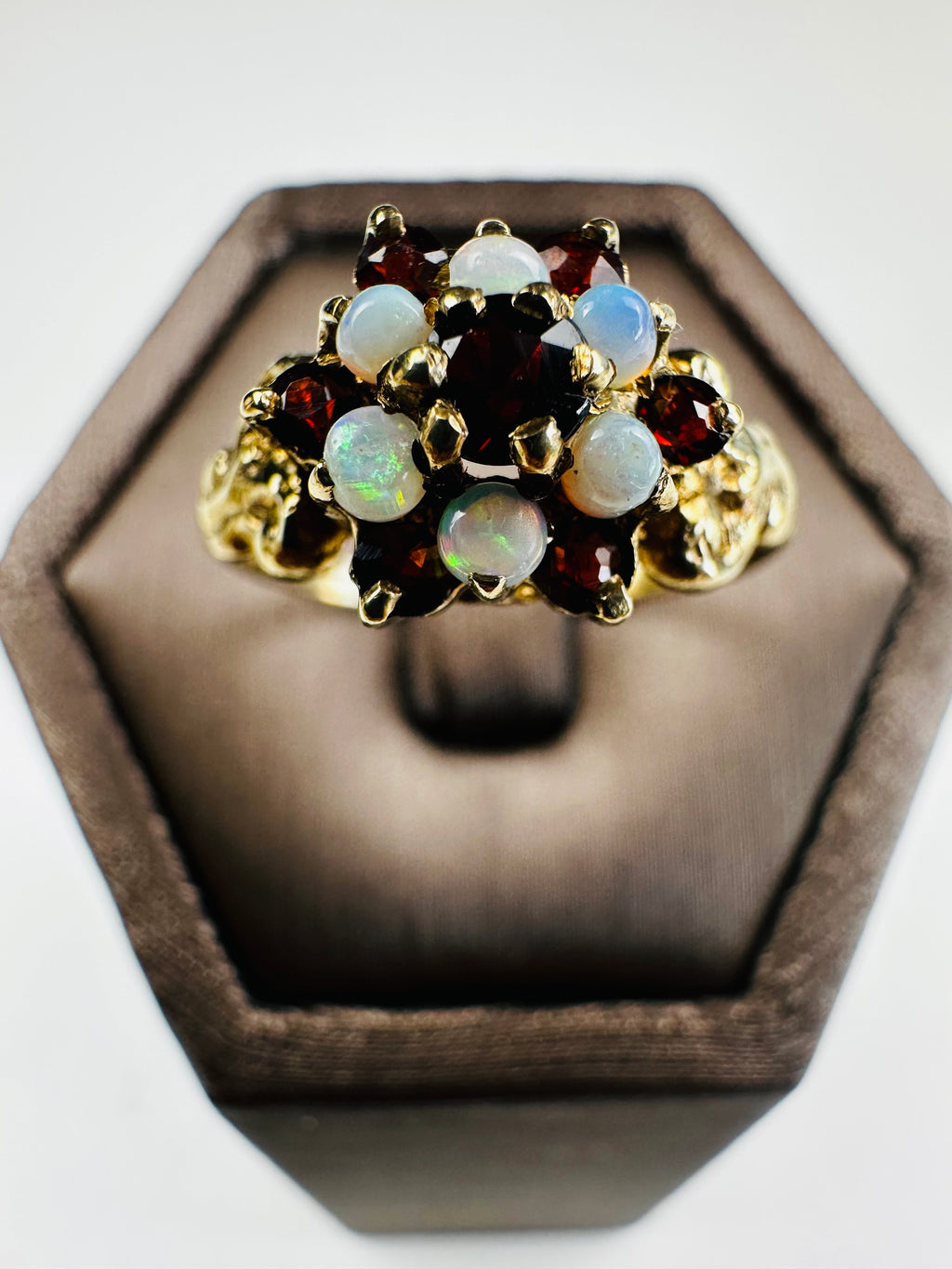 Gold Ring 9ct Natural opal And Garnet , Victorian Style , Hallmarked