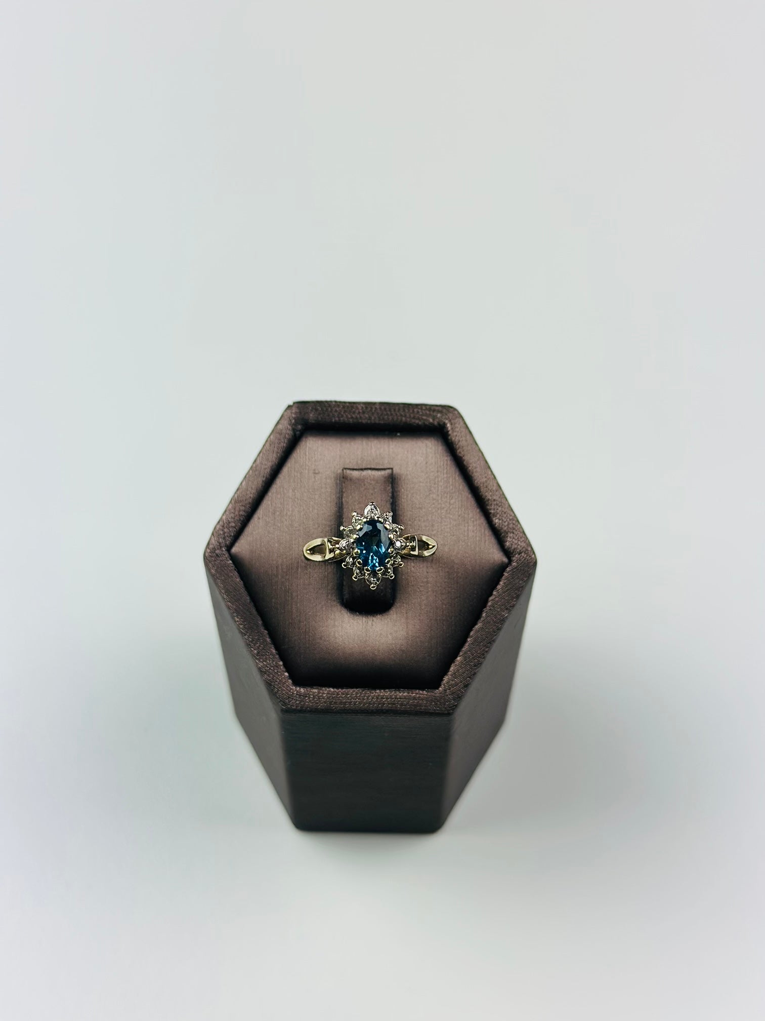 9ct gold blue topaz diamond cluster ring , Hallmarked And Vintage