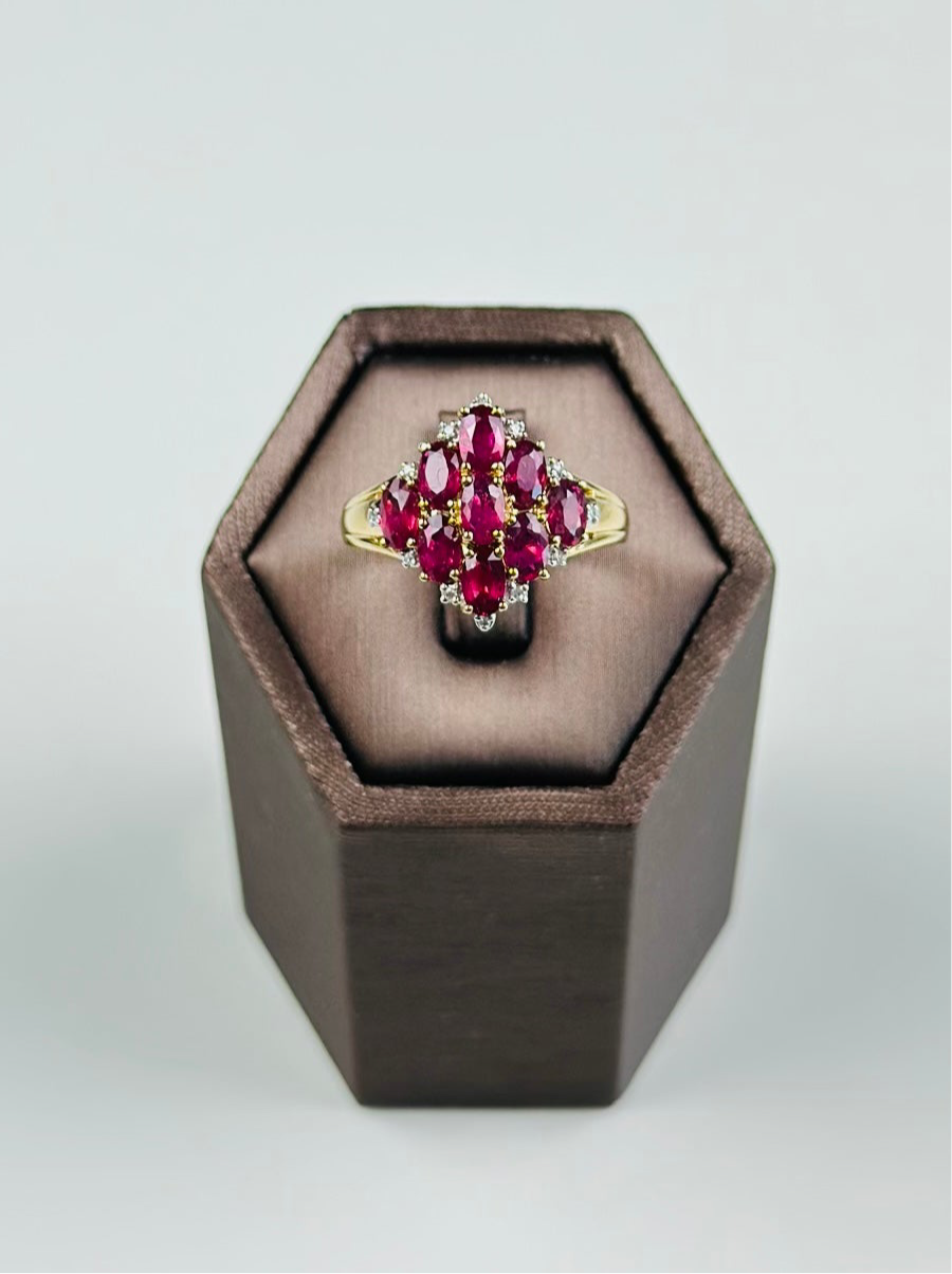 9ct gold ruby and diamond ring , natural Burma Ruby , Hallmarked , Antique