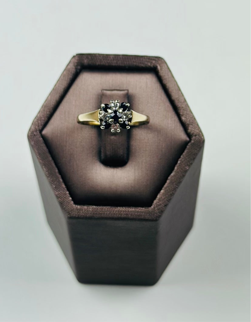 Vintage 9ct Gold Sapphire & Moissanite Ring - Elegant Hexagonal Design