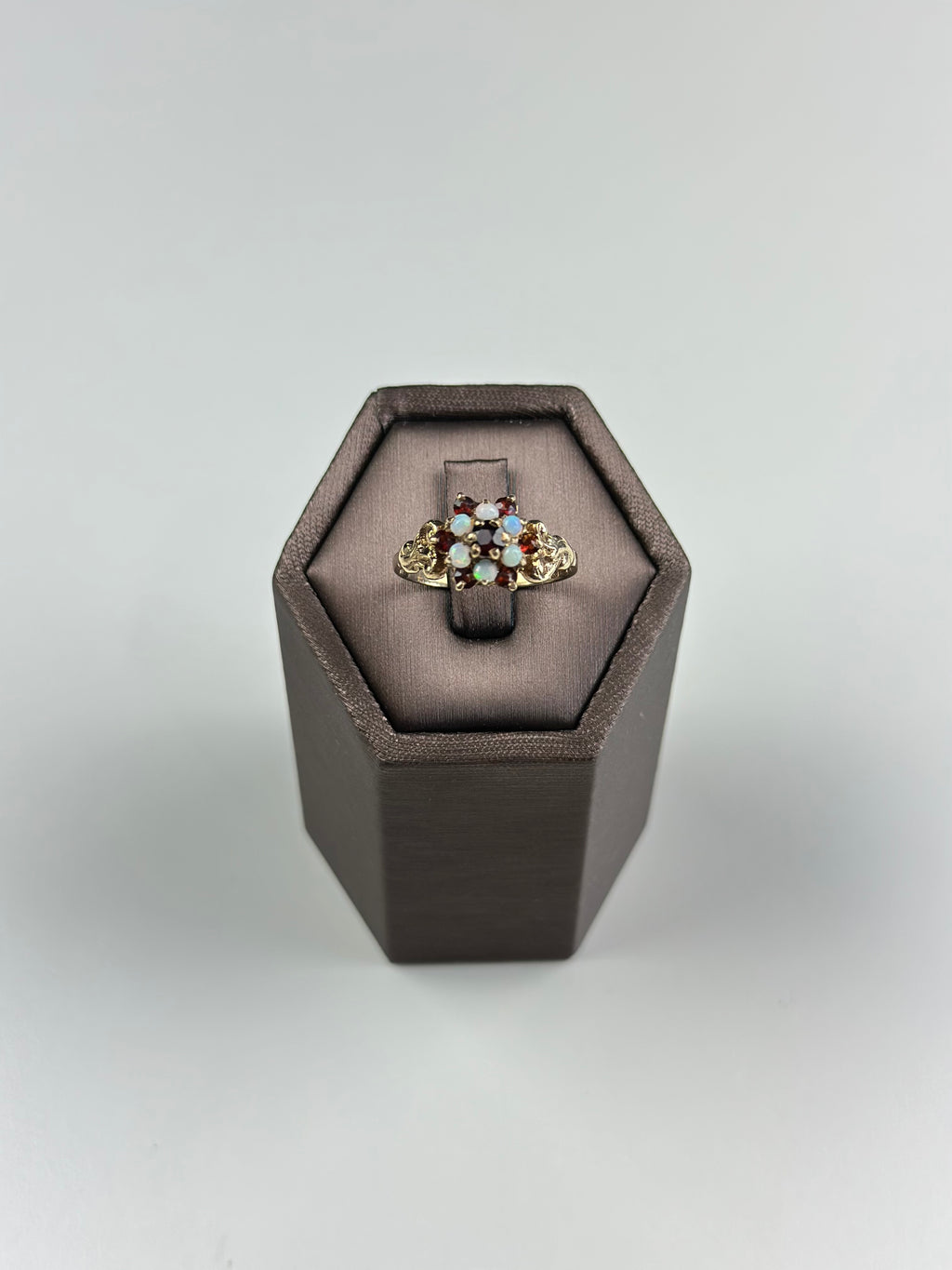 Gold Ring 9ct Natural opal And Garnet , Victorian Style , Hallmarked
