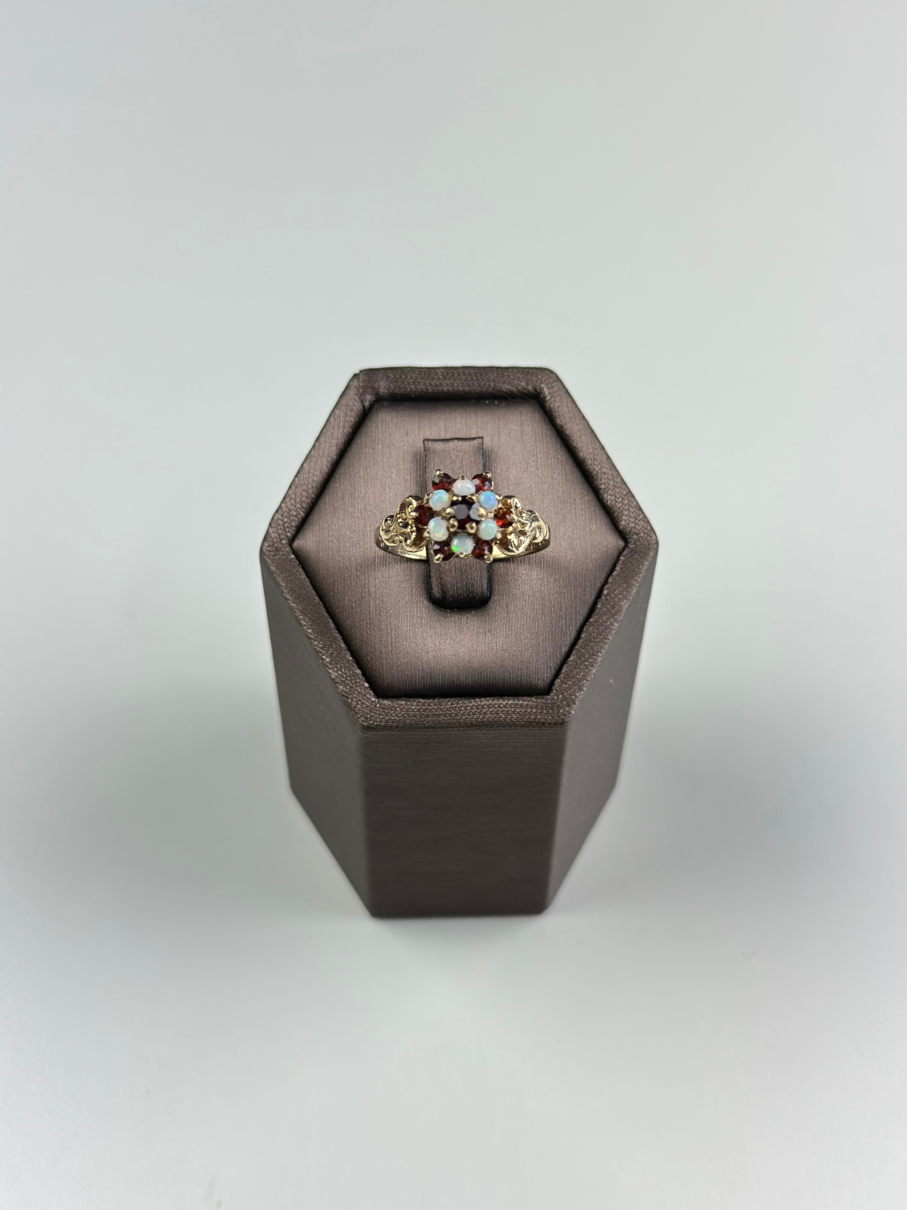 Gold Ring 9ct Natural opal And Garnet , Victorian Style , Hallmarked