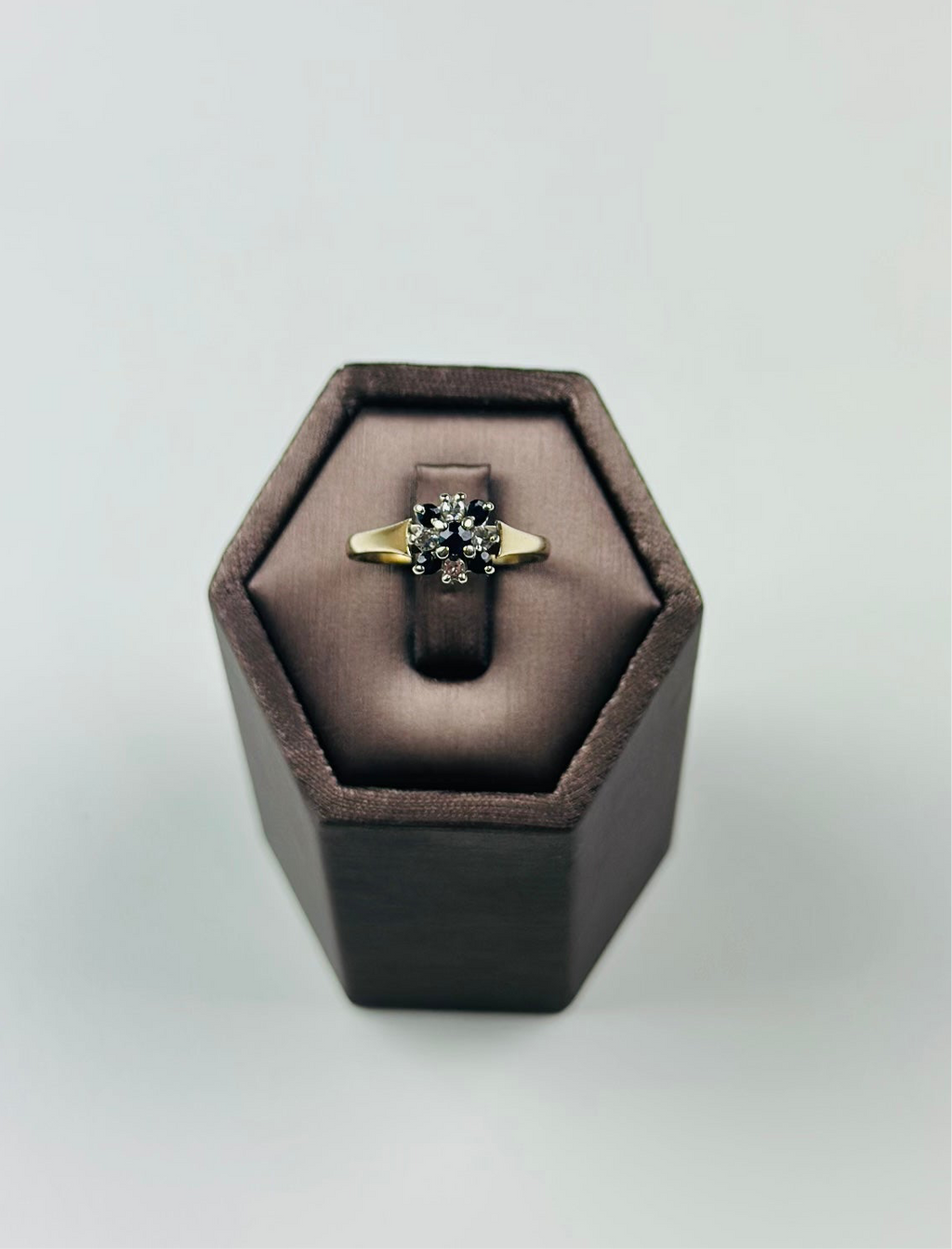Vintage 9ct Gold Sapphire & Moissanite Ring - Elegant Hexagonal Design