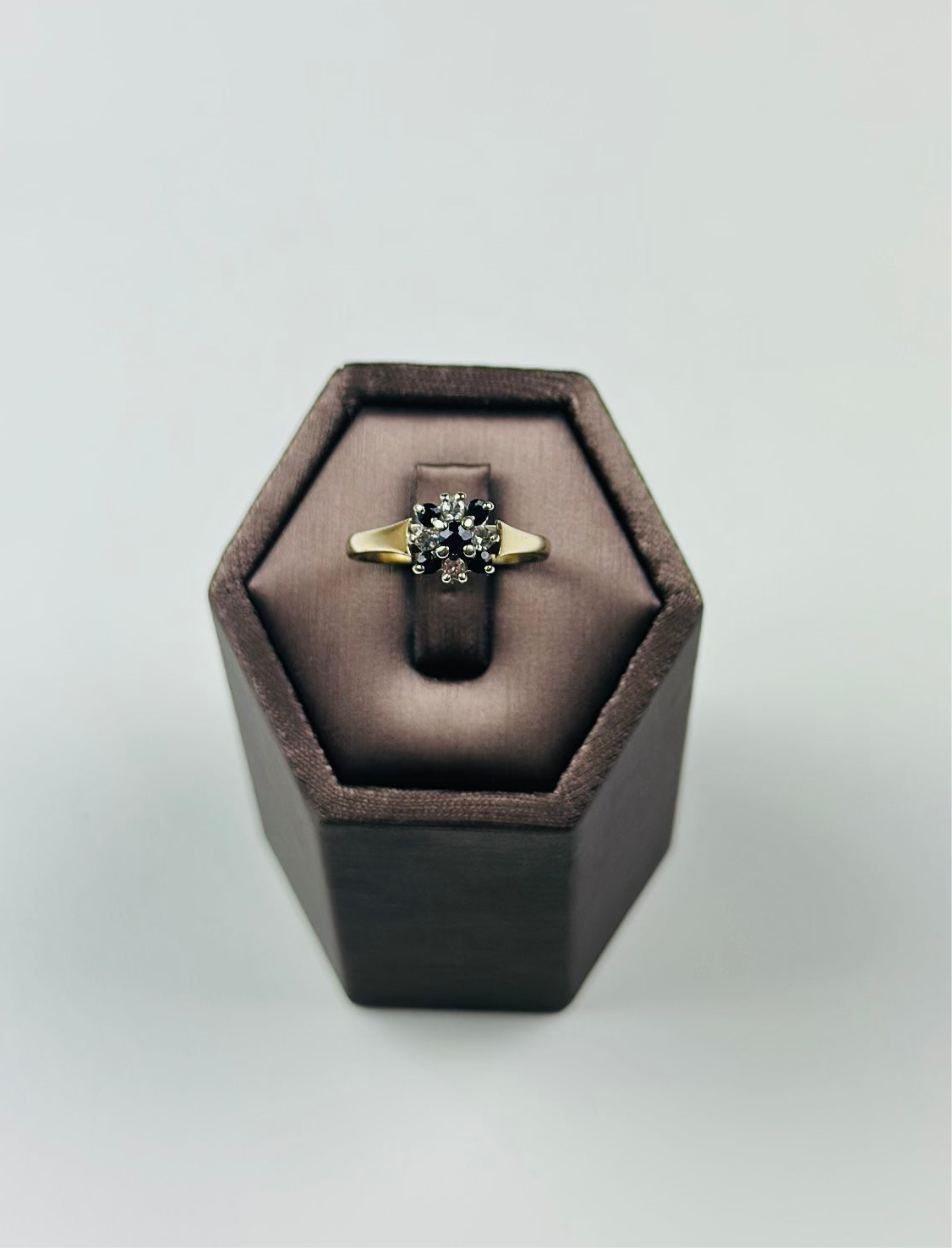 Vintage 9ct Gold Sapphire & Moissanite Ring - Elegant Hexagonal Design