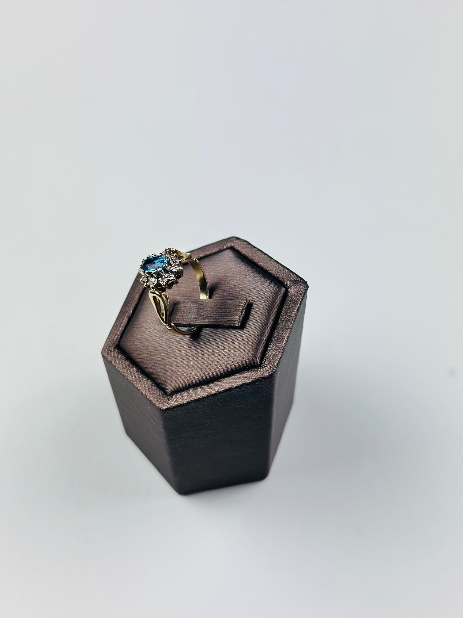 9ct gold blue topaz diamond cluster ring , Hallmarked And Vintage