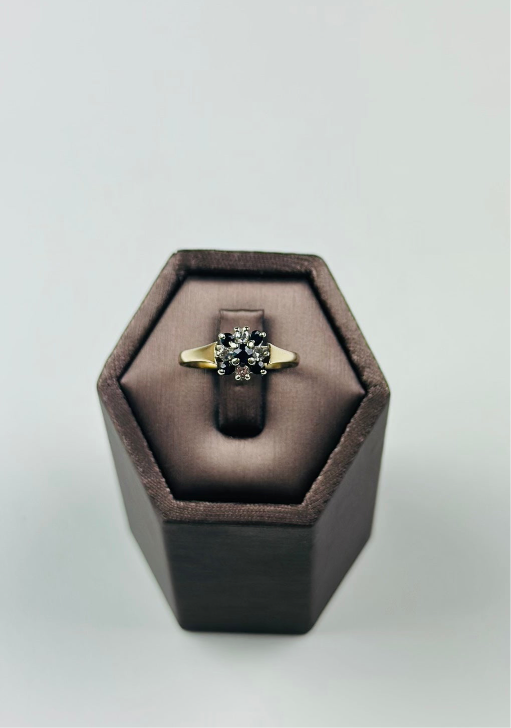 Vintage 9ct Gold Sapphire & Moissanite Ring - Elegant Hexagonal Design