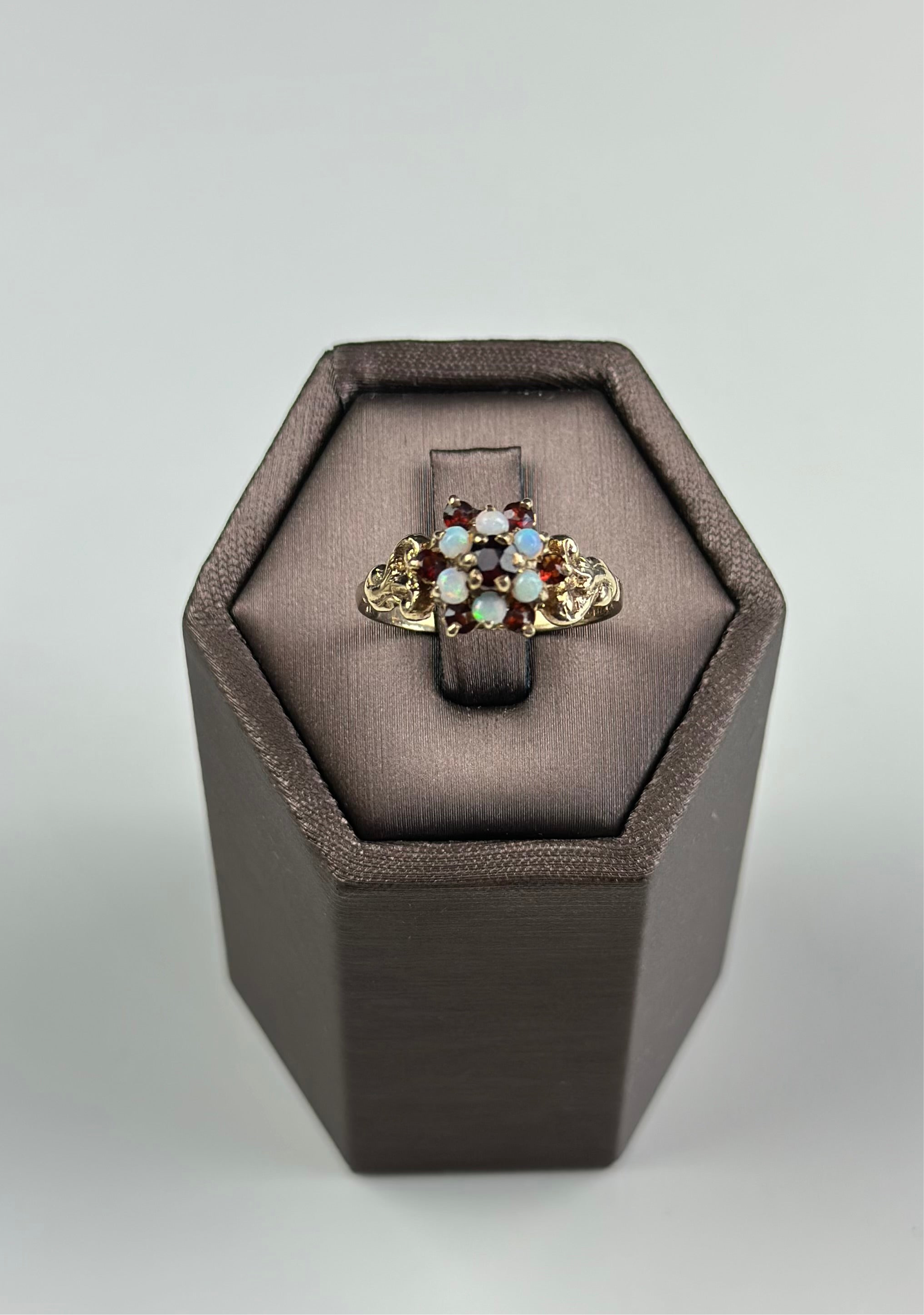 Gold Ring 9ct Natural opal And Garnet , Victorian Style , Hallmarked