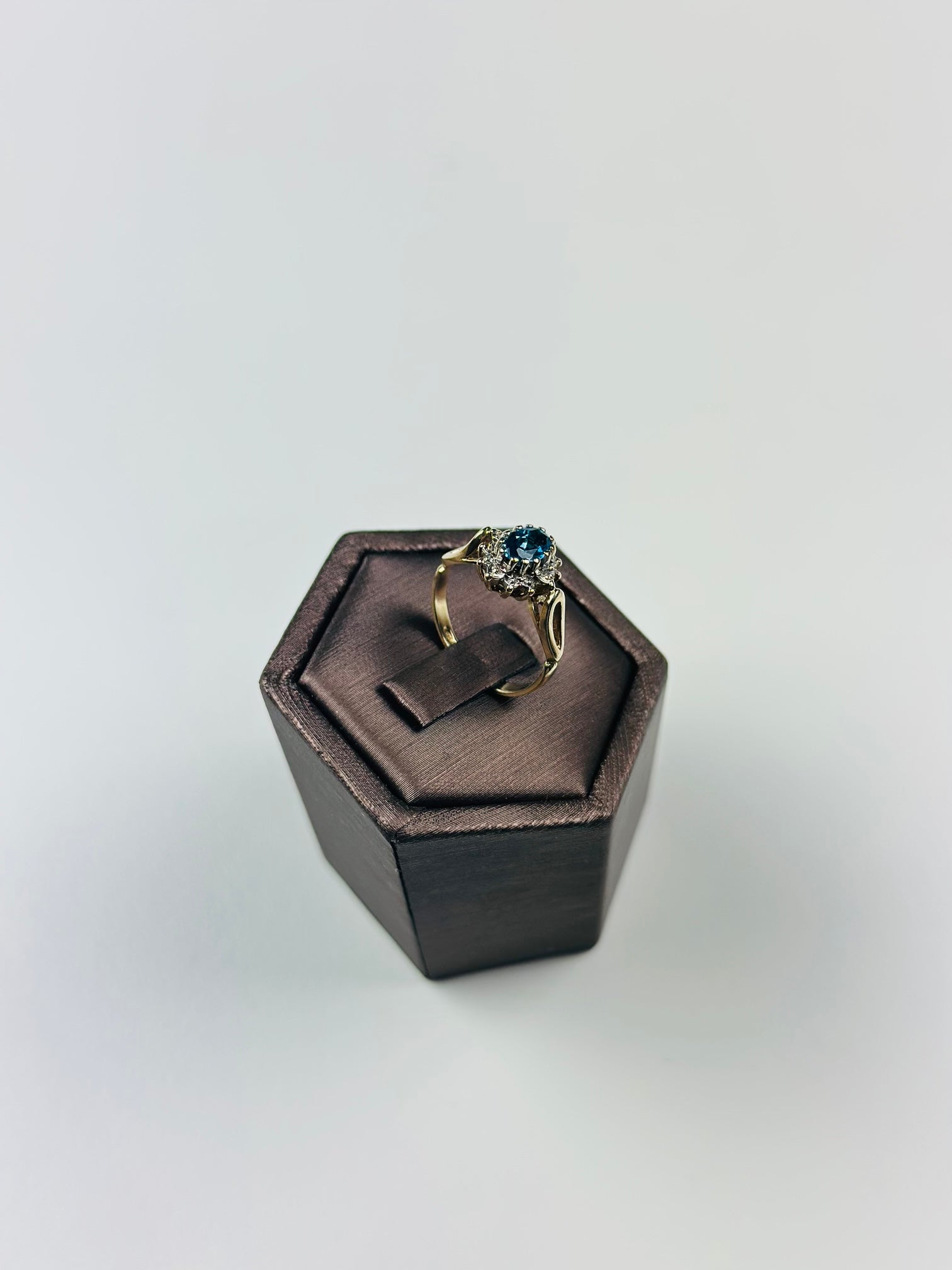 9ct gold blue topaz diamond cluster ring , Hallmarked And Vintage